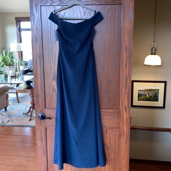 Dressy Collection navy off the shoulder cross back gown size 6. NWT - Picture 3 of 10
